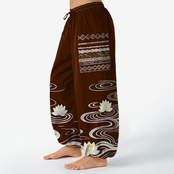 Buddha Stones Cotton Lotus Ripple Pattern Women's Elastic Waist Harem Pants With Side Pockets - image 8
