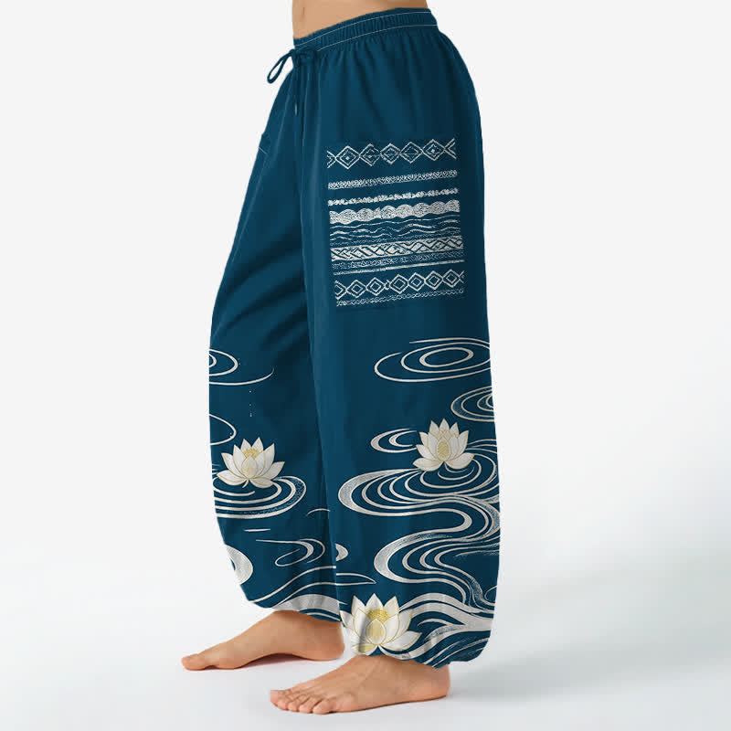 Buddha Stones Cotton Lotus Ripple Pattern Women's Elastic Waist Harem Pants With Side Pockets - image 11