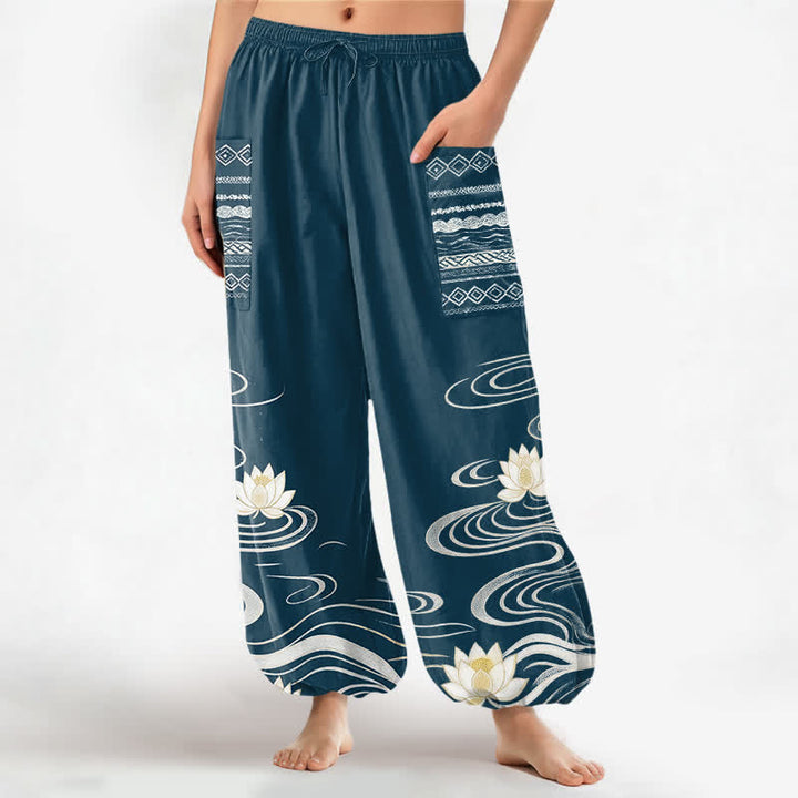 Buddha Stones Cotton Lotus Ripple Pattern Women's Elastic Waist Harem Pants With Side Pockets - Teal - US16，UK/AU20，EU48 (3XL) - image 10