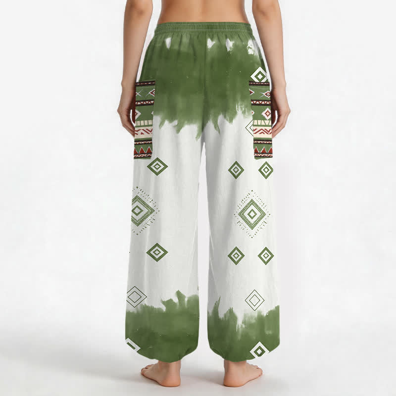 Buddha Stones Cotton Bohemian Geometric Diamond Pattern Women's Elastic Waist Harem Pants With Side Pockets - image 9