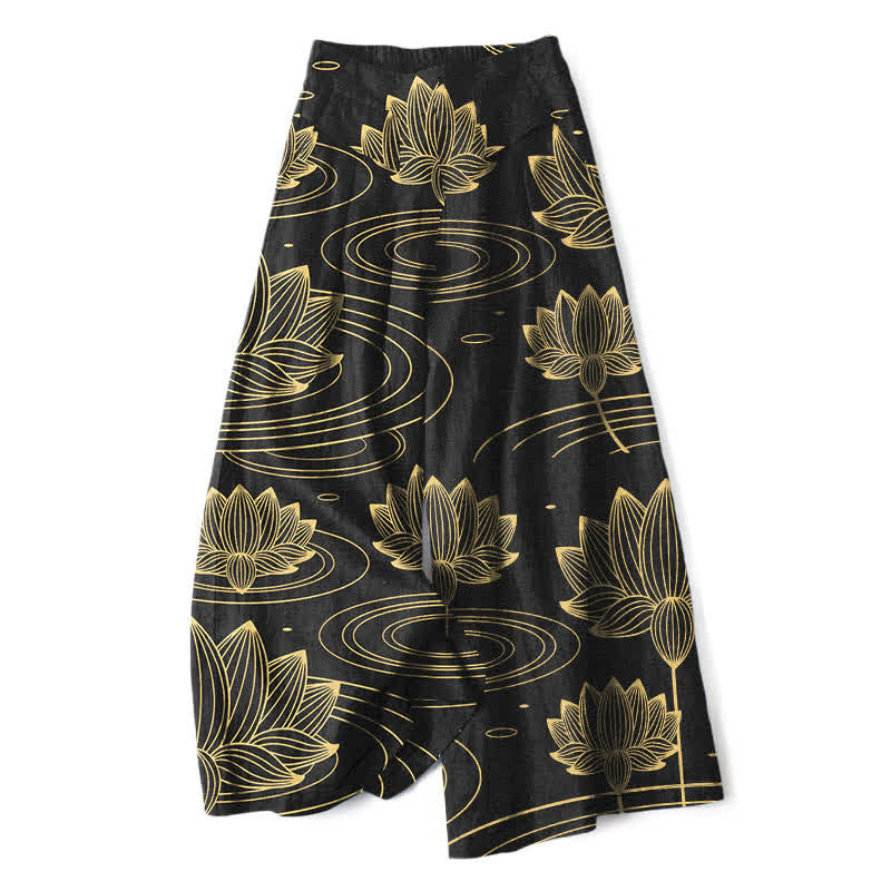 Buddha Stones Cotton Linen Lotus Ripple Pattern Women's Elastic Waist Wide Leg Pants With Pockets - Black - US16，UK/AU20，EU48 (3XL) - image 4