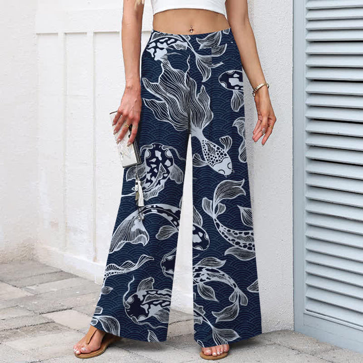 Buddha Stones Cotton Linen Artistic Koi Pond Pattern Women's Elastic Waist Wide Leg Pants With Pockets - image 1
