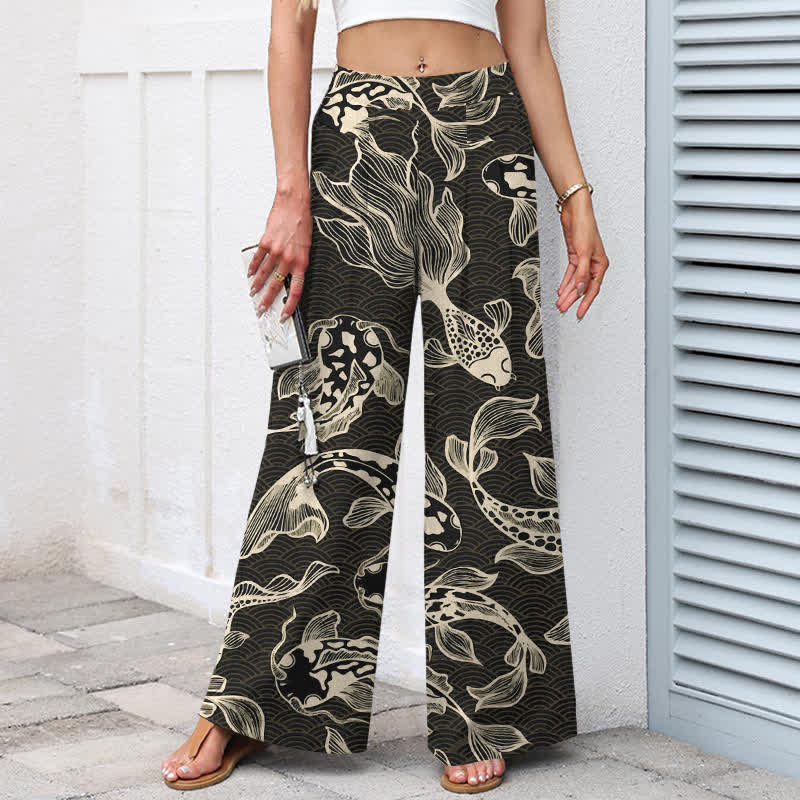 Buddha Stones Cotton Linen Artistic Koi Pond Pattern Women's Elastic Waist Wide Leg Pants With Pockets - image 5