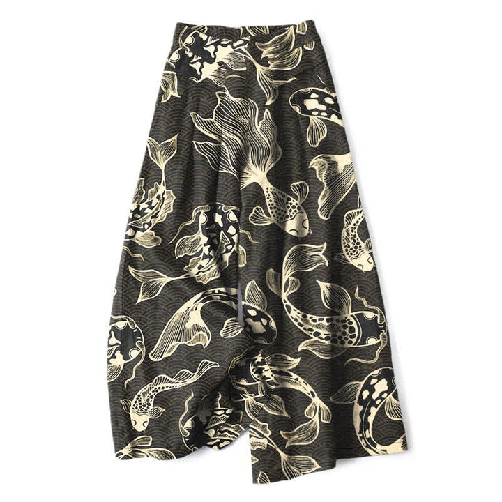 Buddha Stones Cotton Linen Artistic Koi Pond Pattern Women's Elastic Waist Wide Leg Pants With Pockets - Black - US16，UK/AU20，EU48 (3XL) - image 4