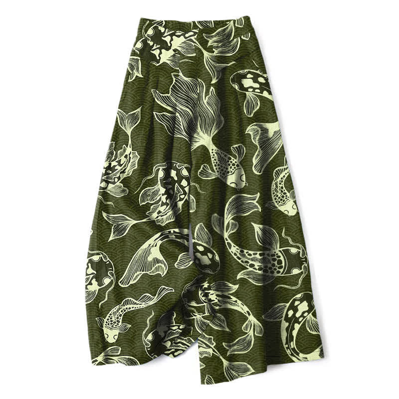 Buddha Stones Cotton Linen Artistic Koi Pond Pattern Women's Elastic Waist Wide Leg Pants With Pockets - DarkOliveGreen - US16，UK/AU20，EU48 (3XL) - image 6