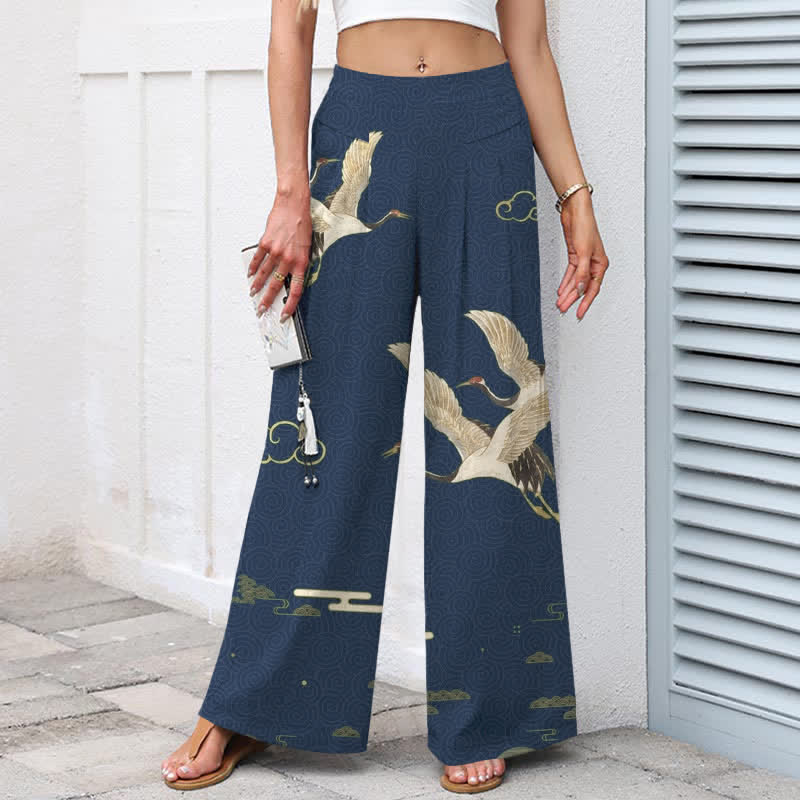 Buddha Stones Cotton Linen Oriental Crane Cloud Pattern Women's Elastic Waist Wide Leg Pants With Pockets - image 1