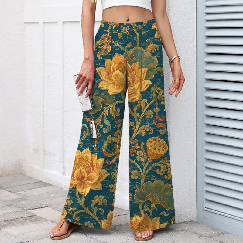Buddha Stones Cotton Linen Vintage Lotus Floral Pattern Women's Elastic Waist Wide Leg Pants With Pockets - image 1