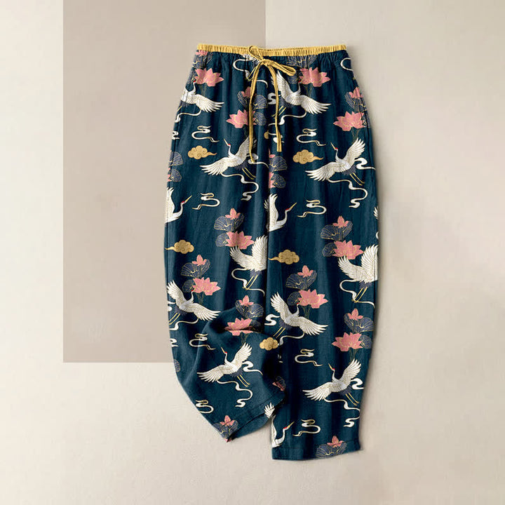 Buddha Stones Pure Cotton Vintage Lotus Crane Pattern Women's Elastic Waist Pants With Pockets - DarkSlateGray - US16，UK/AU20，EU48 (3XL) - image 0