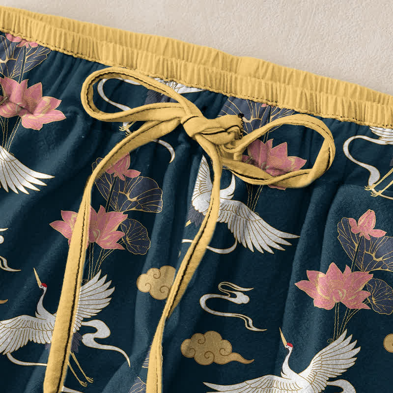Buddha Stones Pure Cotton Vintage Lotus Crane Pattern Women's Elastic Waist Pants With Pockets - image 1
