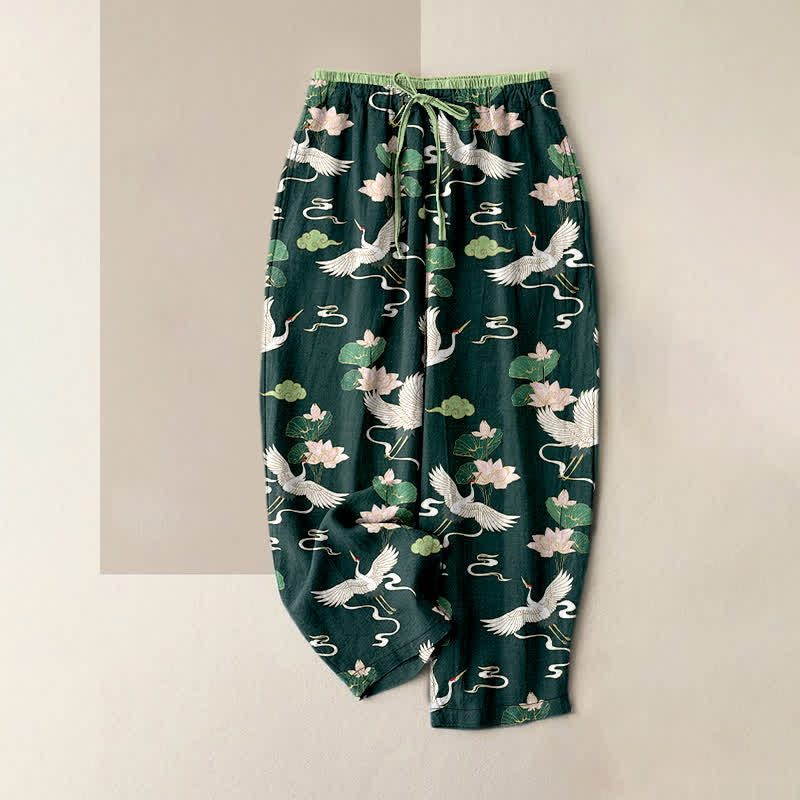 Buddha Stones Pure Cotton Vintage Lotus Crane Pattern Women's Elastic Waist Pants With Pockets - SeaGreen - US16，UK/AU20，EU48 (3XL) - image 4