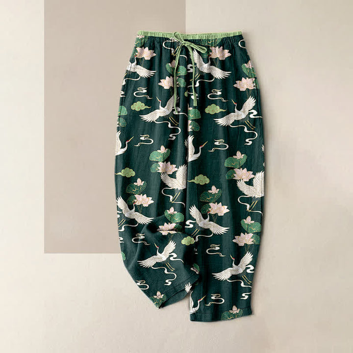 Buddha Stones Pure Cotton Vintage Lotus Crane Pattern Women's Elastic Waist Pants With Pockets - SeaGreen - US16，UK/AU20，EU48 (3XL) - image 4