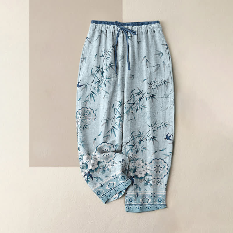 Buddha Stones Pure Cotton Oriental Bamboo Blossom Pattern Women's Elastic Waist Pants With Pockets - Turquoise - US16，UK/AU20，EU48 (3XL) - image 5