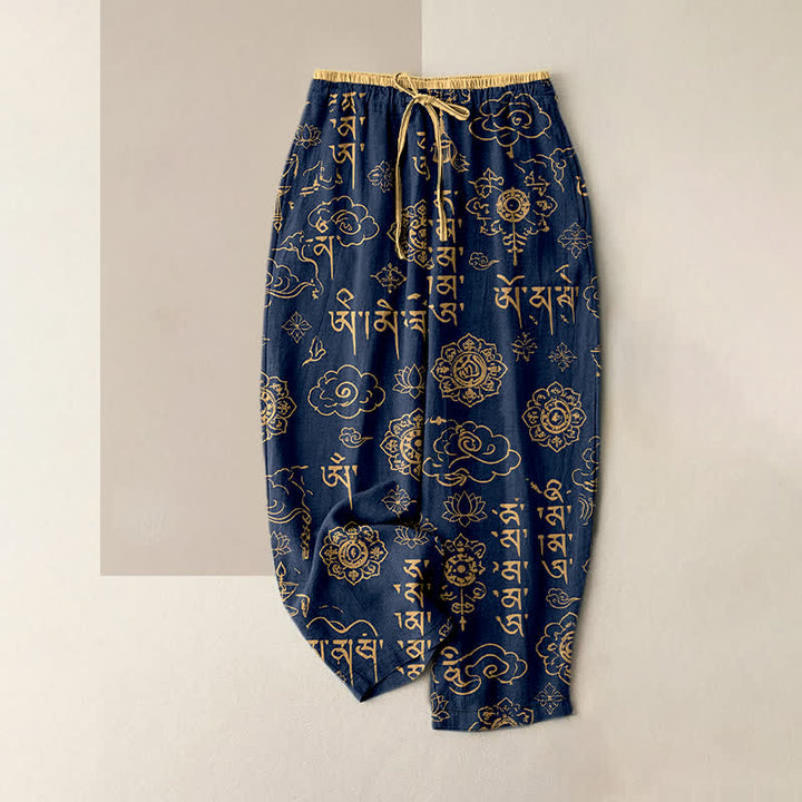 Buddha Stones Pure Cotton Tibetan Script Pattern Women's Elastic Waist Pants With Pockets - Navy - US16，UK/AU20，EU48 (3XL) - image 0