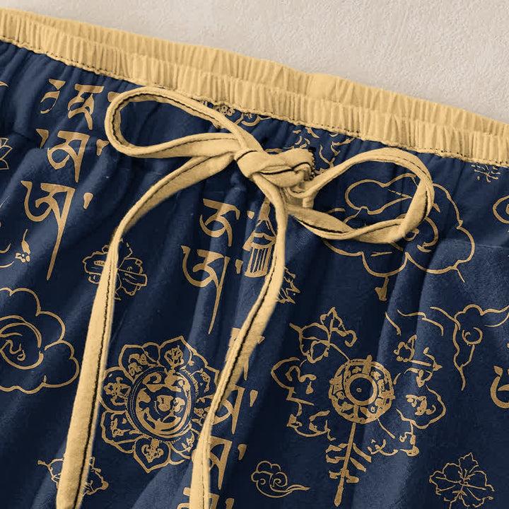 Buddha Stones Pure Cotton Tibetan Script Pattern Women's Elastic Waist Pants With Pockets - image 1
