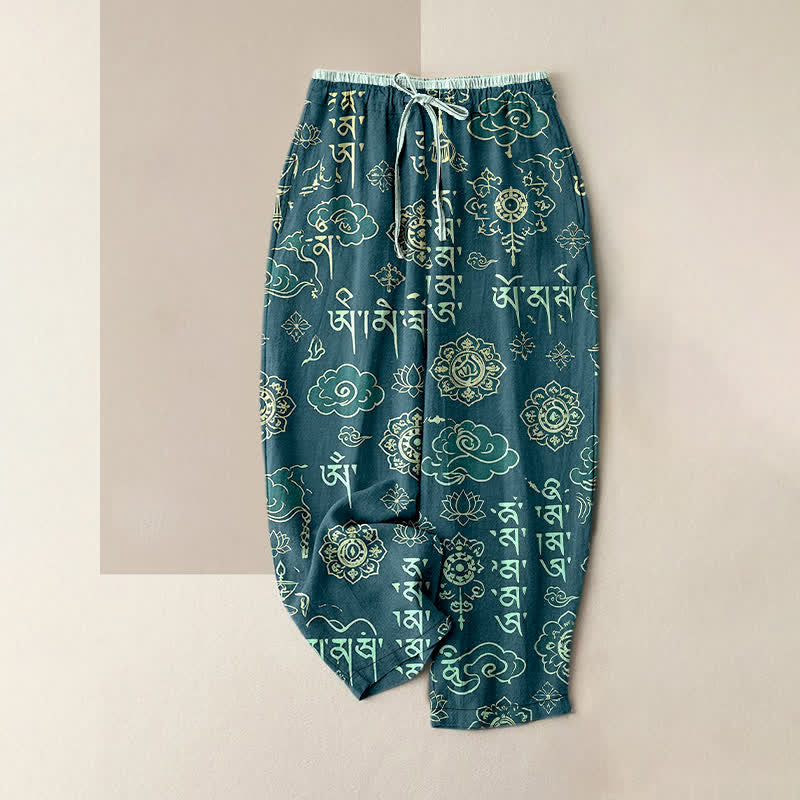 Buddha Stones Pure Cotton Tibetan Script Pattern Women's Elastic Waist Pants With Pockets - Teal - US16，UK/AU20，EU48 (3XL) - image 4