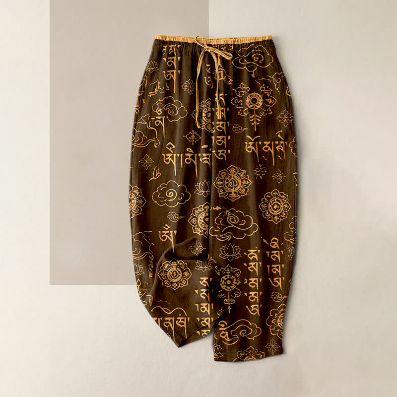 Buddha Stones Pure Cotton Tibetan Script Pattern Women's Elastic Waist Pants With Pockets - SaddleBrown - US16，UK/AU20，EU48 (3XL) - image 5
