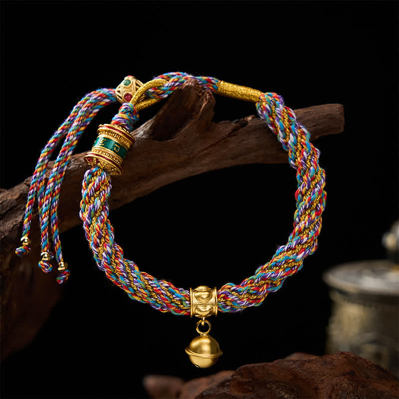 Buddha Stones Tibetan Om Mani Padme Hum Strength Bell Charm Multicolor Braided Rope Bracelet - image 1
