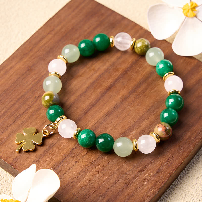 Buddha Stones Green Aventurine Four-leaf Clover Luck Round Beaded Bracelet - image 2