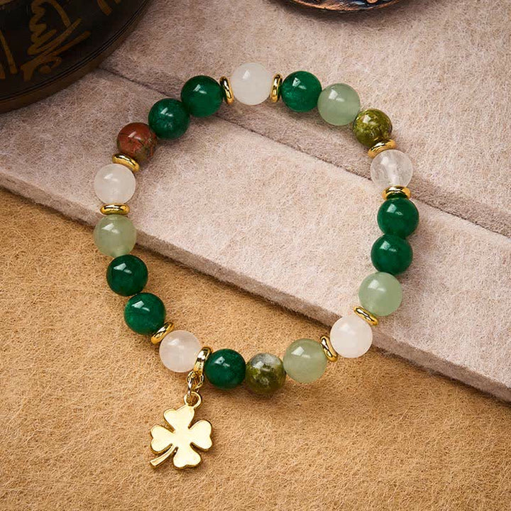Buddha Stones Green Aventurine Four-leaf Clover Luck Round Beaded Bracelet - image 1