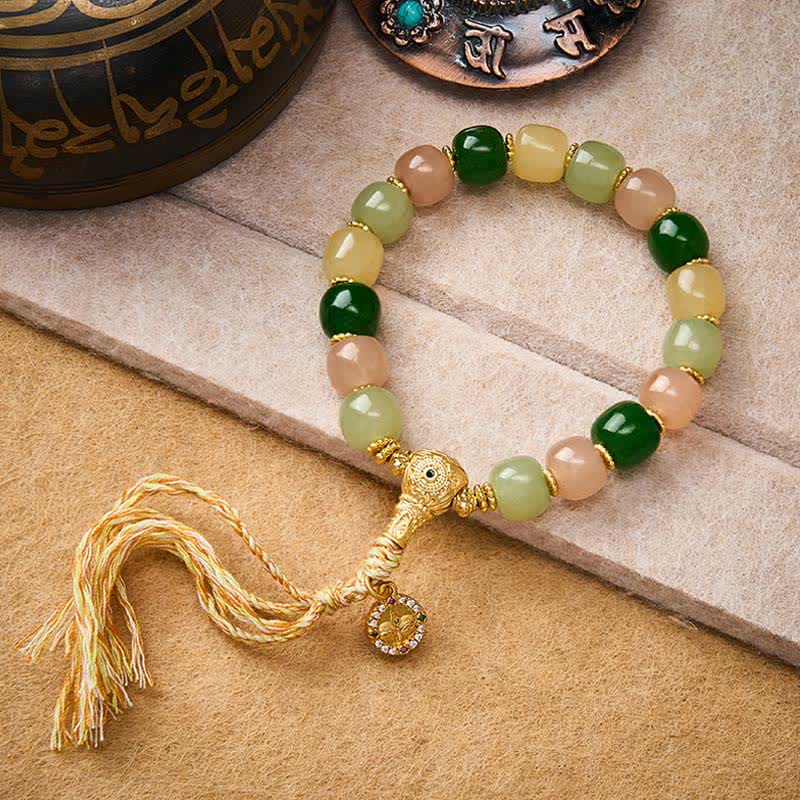 Buddha Stones Cyan Jade Quartzite Jade Harmony Rounded Rectangle Bead Bracelet - 9 × 10mm Multicolor Tassel - image 0