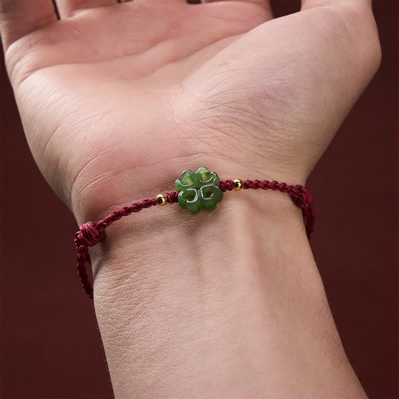 Buddha Stones Natural Hetian Cyan Jade Four-leaf Clover Luck Red Rope Bracelet - image 8