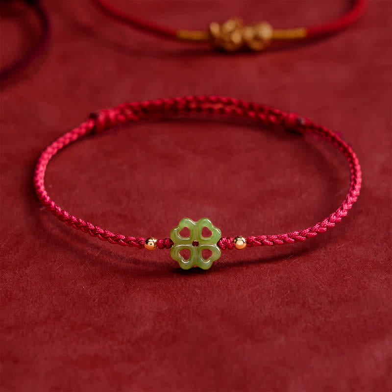 Buddha Stones Natural Hetian Cyan Jade Four-leaf Clover Luck Red Rope Bracelet - image 2
