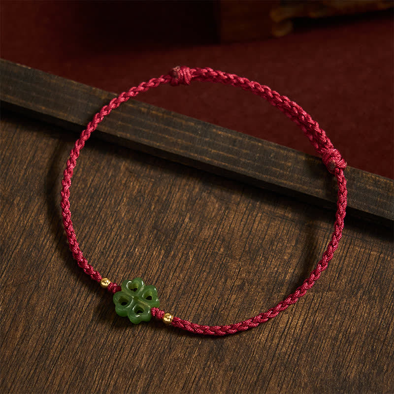 Buddha Stones Natural Hetian Cyan Jade Four-leaf Clover Luck Red Rope Bracelet - image 3