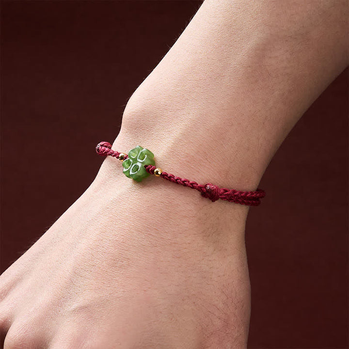 Buddha Stones Natural Hetian Cyan Jade Four-leaf Clover Luck Red Rope Bracelet - image 4