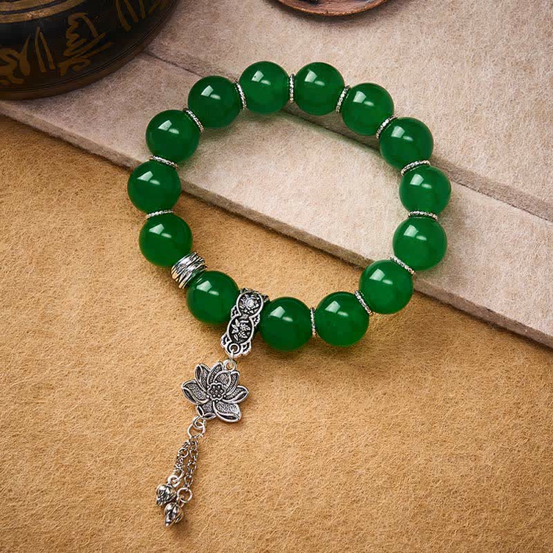 Buddha Stones Natural Green Quartzite Jade Beads Lotus Charm Protection Bracelet - image 1