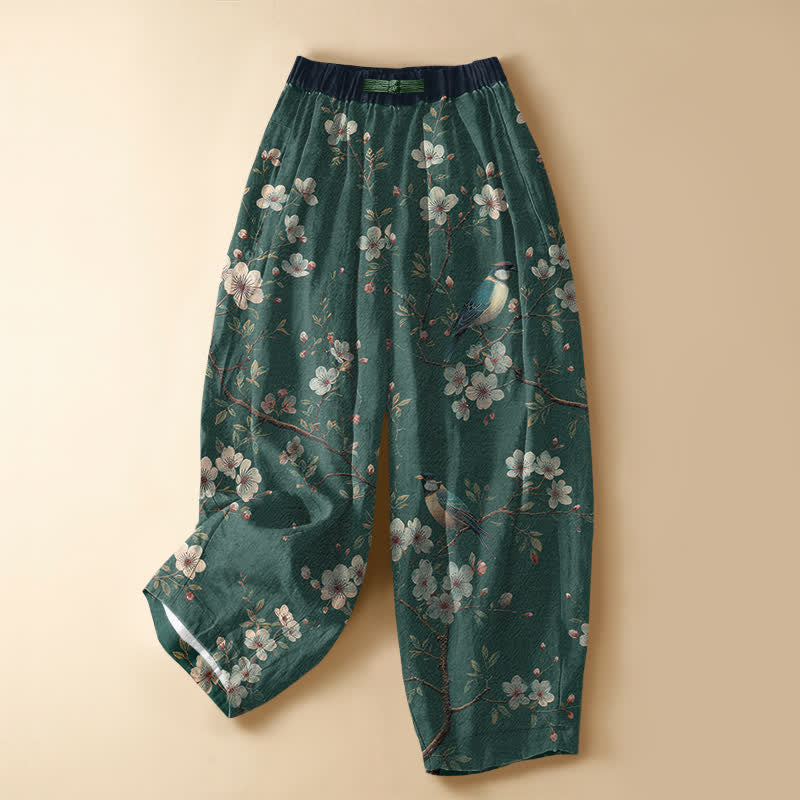 Buddha Stones Pure Cotton Vintage Blossom Bird Pattern Frog Button Women's Elastic Waist Harem Pants With Pockets - Teal - US16，UK/AU20，EU48 (3XL) - image 5