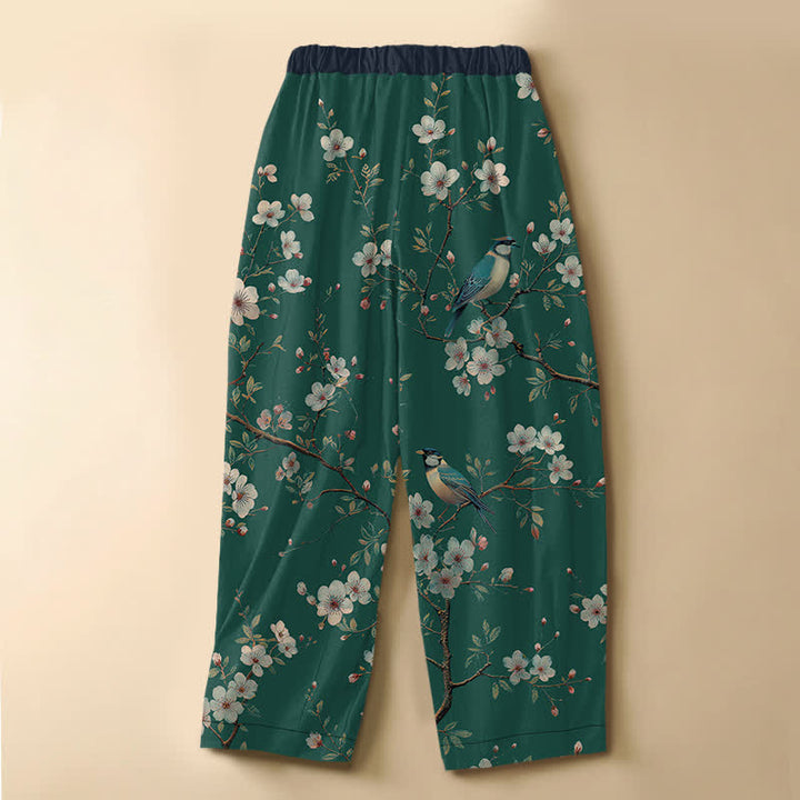 Buddha Stones Pure Cotton Vintage Blossom Bird Pattern Frog Button Women's Elastic Waist Harem Pants With Pockets - image 6