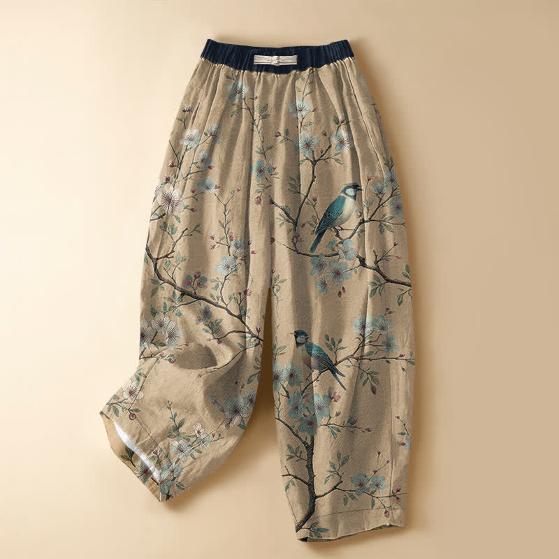 Buddha Stones Pure Cotton Vintage Blossom Bird Pattern Frog Button Women's Elastic Waist Harem Pants With Pockets - Tan - US16，UK/AU20，EU48 (3XL) - image 7