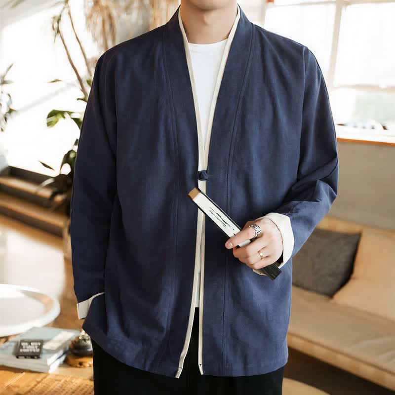 Buddha Stones Fall Winter Tang Style Minimalist Frog Button Solid Cotton Men's Kimonos - image 1