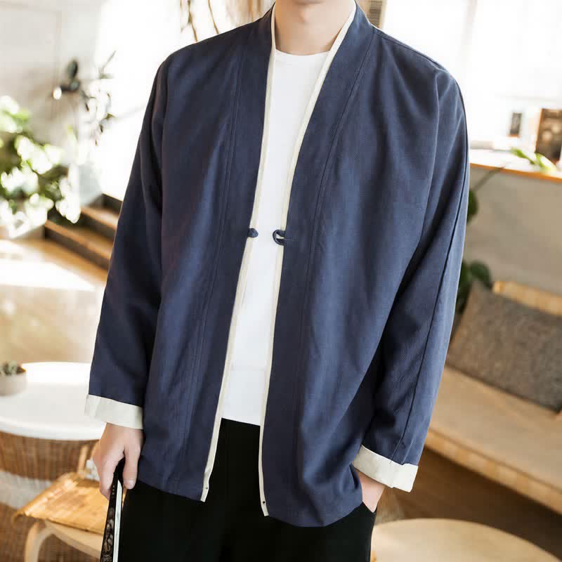 Buddha Stones Fall Winter Tang Style Minimalist Frog Button Solid Cotton Men's Kimonos - Navy - US/UK/AU46，EU56 (5XL) - image 0