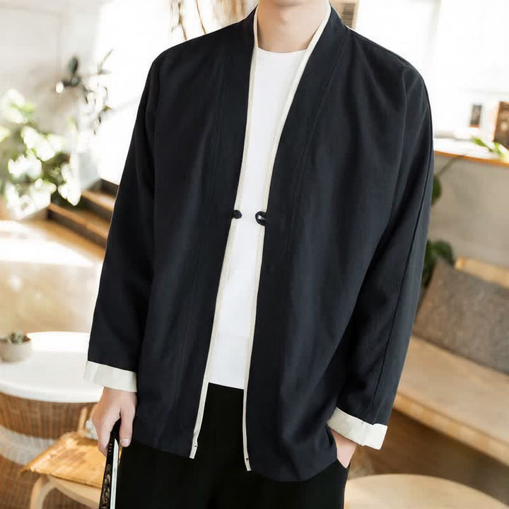 Buddha Stones Fall Winter Tang Style Minimalist Frog Button Solid Cotton Men's Kimonos - Black - US/UK/AU46，EU56 (5XL) - image 13