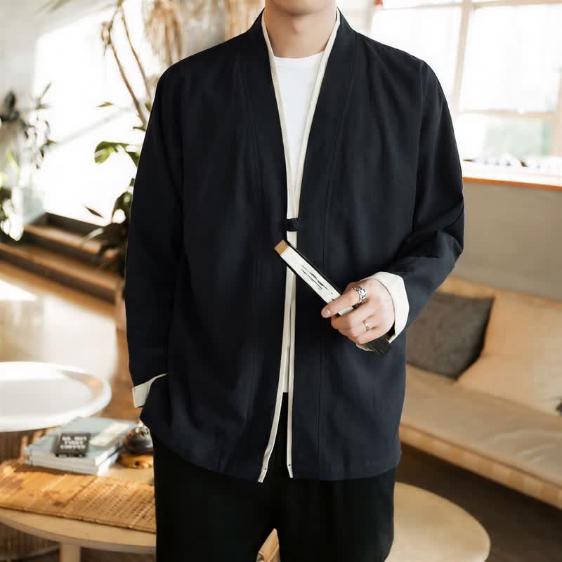 Buddha Stones Fall Winter Tang Style Minimalist Frog Button Solid Cotton Men's Kimonos - image 14