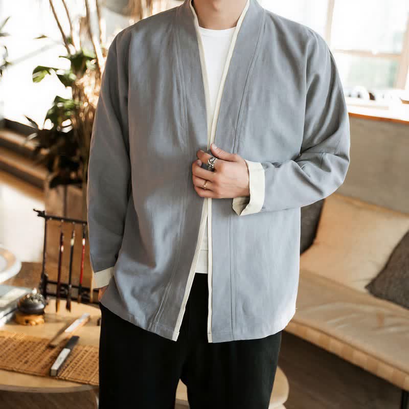 Buddha Stones Fall Winter Tang Style Minimalist Frog Button Solid Cotton Men's Kimonos - image 11