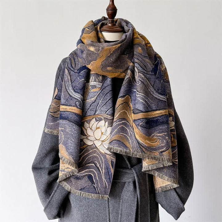 Buddha Stones Fall Winter Lotus Mountain Waves Dunhuang Color Pattern Soft Shawl - Pale Purple Peaks - 70*188cm - image 0