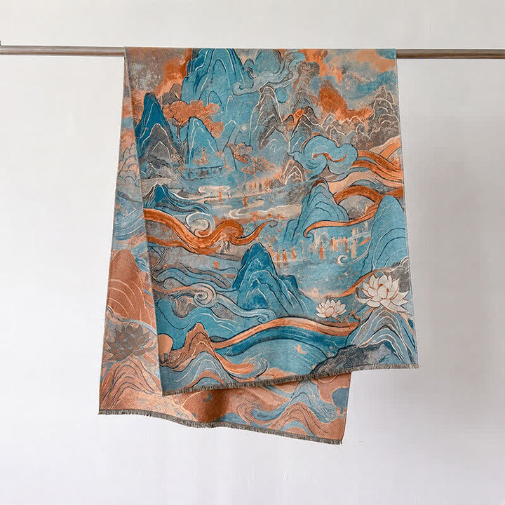Buddha Stones Fall Winter Lotus Mountain Waves Dunhuang Color Pattern Soft Shawl - Green Peaks - 70*188cm - image 4