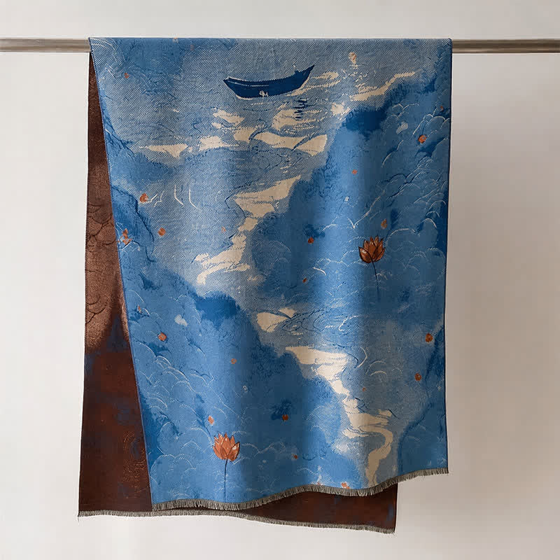 Buddha Stones Fall Winter Lotus Mountain Waves Dunhuang Color Pattern Soft Shawl - Blue Sailing Boat - 70*188cm - image 17