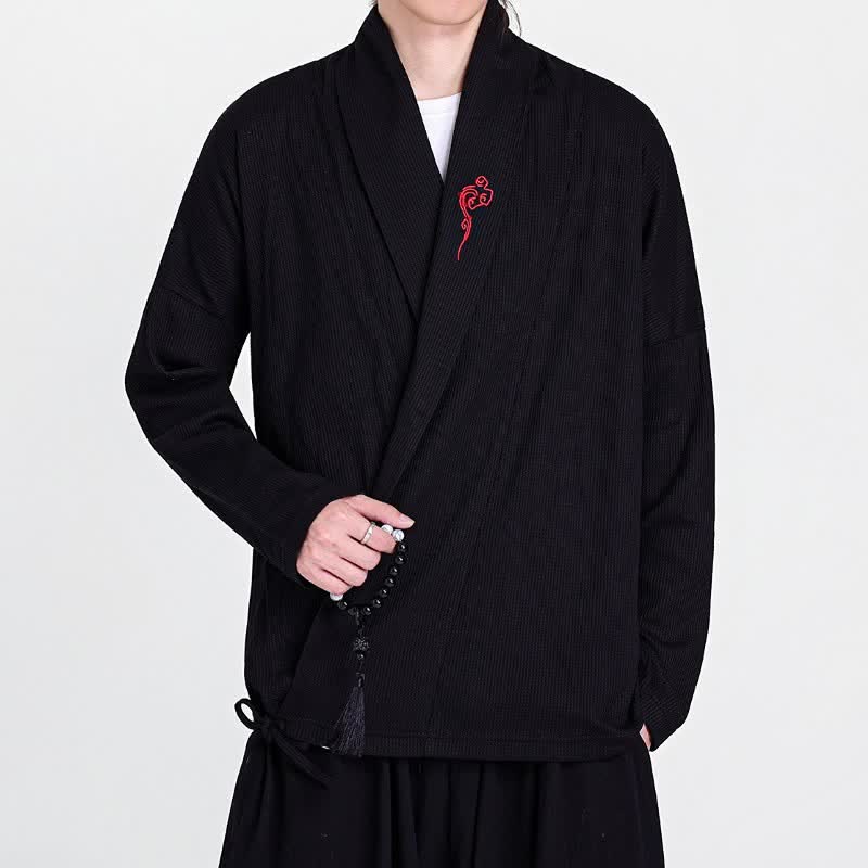 Buddha Stones Fall Winter Casual Tang Style Embroidery Solid Men's Kimonos - Black - US/UK/AU46，EU56 (5XL) - image 0