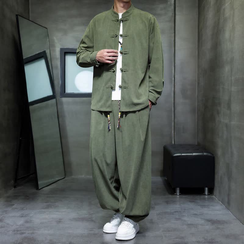 Buddha Stones Fall Winter Tang Style Casual Frog Button Solid Men's Meditation Cloth With Pocket - image 17