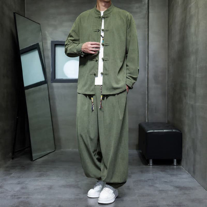 Buddha Stones Fall Winter Tang Style Casual Frog Button Solid Men's Meditation Cloth With Pocket - image 17