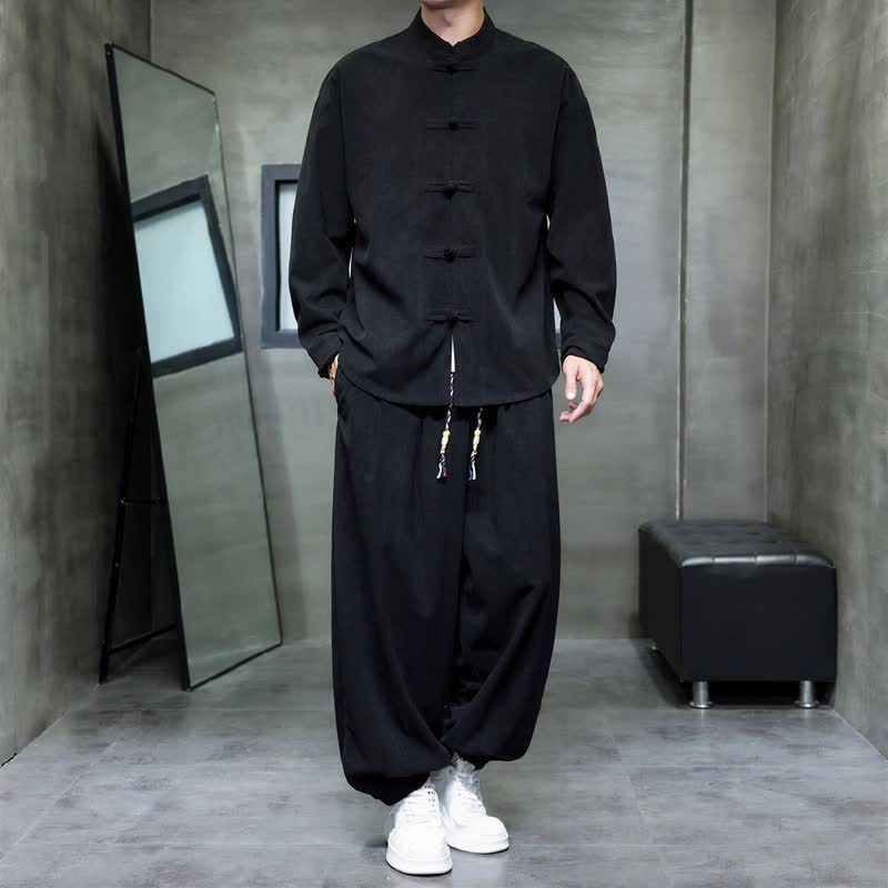 Buddha Stones Fall Winter Tang Style Casual Frog Button Solid Men's Meditation Cloth With Pocket - Black - US/UK/AU46，EU56 (5XL) - image 9