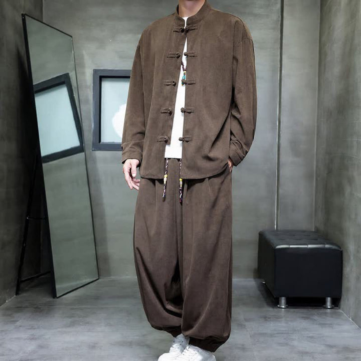 Buddha Stones Fall Winter Tang Style Casual Frog Button Solid Men's Meditation Cloth With Pocket - image 4