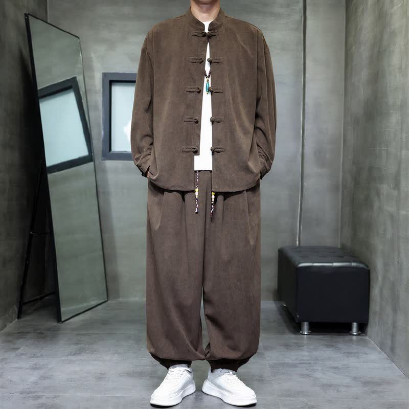 Buddha Stones Fall Winter Tang Style Casual Frog Button Solid Men's Meditation Cloth With Pocket - image 3