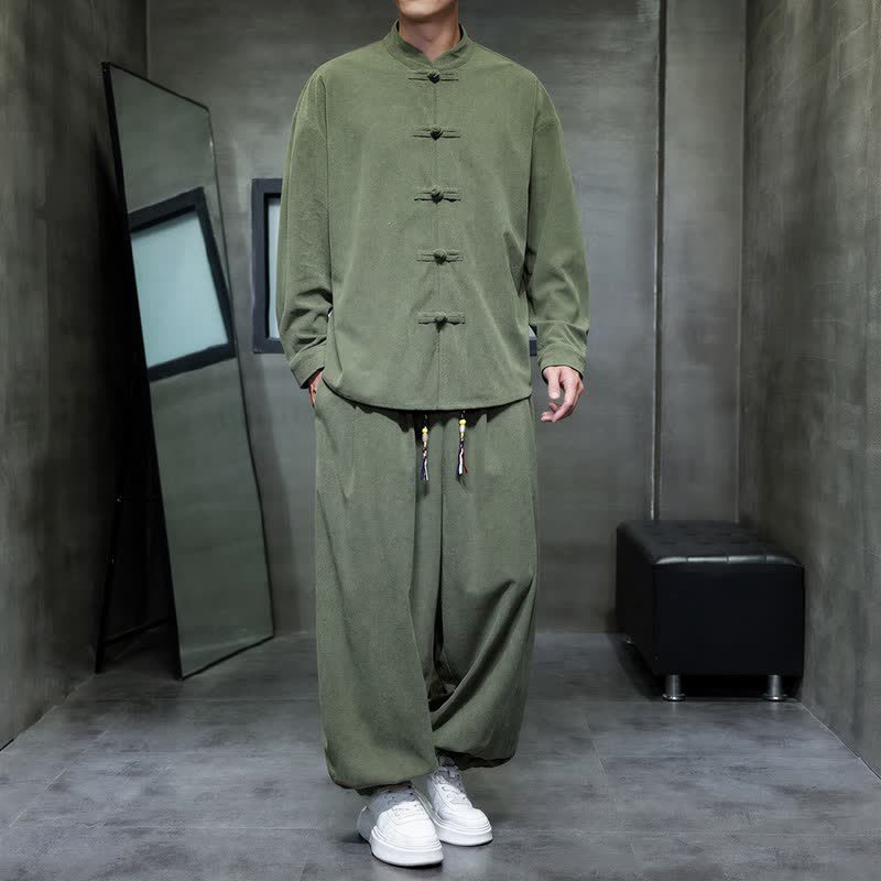 Buddha Stones Fall Winter Tang Style Casual Frog Button Solid Men's Meditation Cloth With Pocket - OliveDrab - US/UK/AU46，EU56 (5XL) - image 13