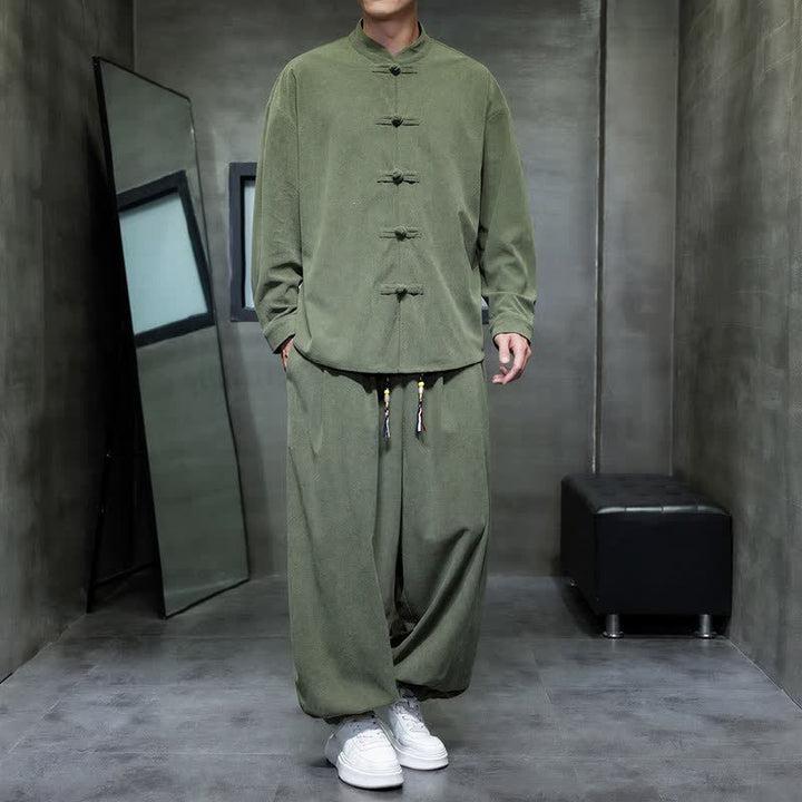 Buddha Stones Fall Winter Tang Style Casual Frog Button Solid Men's Meditation Cloth With Pocket - OliveDrab - US/UK/AU46，EU56 (5XL) - image 13