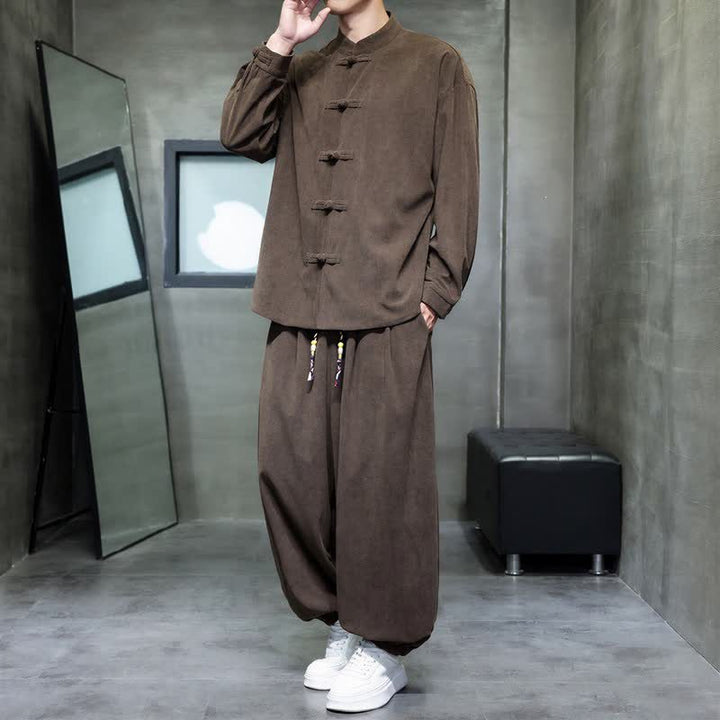 Buddha Stones Fall Winter Tang Style Casual Frog Button Solid Men's Meditation Cloth With Pocket - SaddleBrown - US/UK/AU46，EU56 (5XL) - image 0