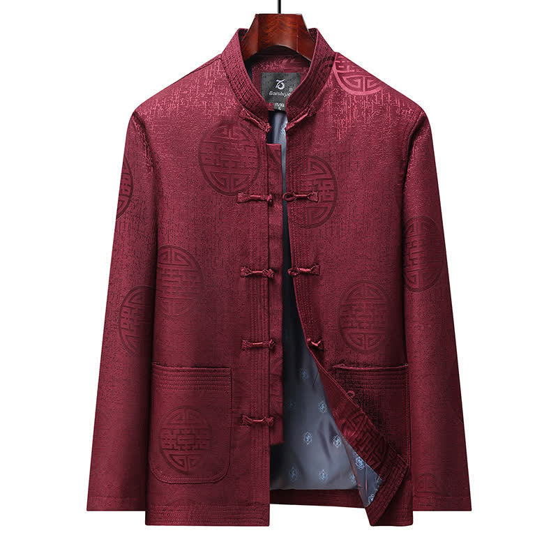 Buddha Stones Fall Winter Vintage Tang Style Frog Button Geometric Men's Jackets With Pocket - Crimson - US/UK/AU44，EU54 (4XL) - image 11